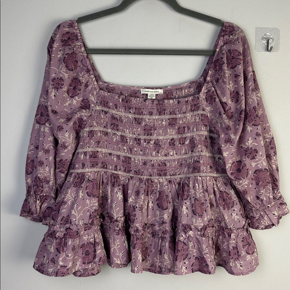 NEW American Eagle Smocked Peplum Purple Floral Ruffle Top Square Neck Large NWT - Picture 16 of 16